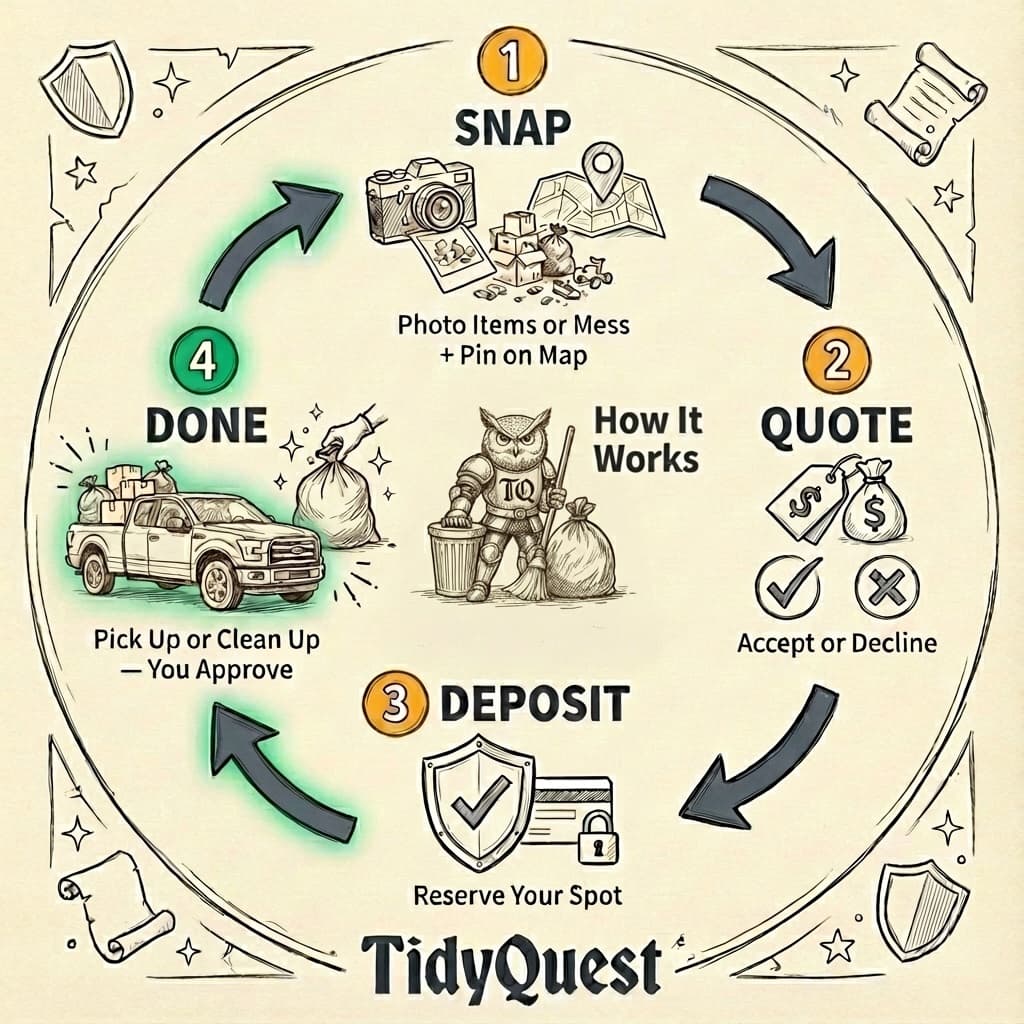 How TidyQuest Works - 4 step process: 1. Snap photo and pin on map, 2. Get quote and accept or decline, 3. Pay deposit to reserve spot, 4. We pick up or clean up and you approve